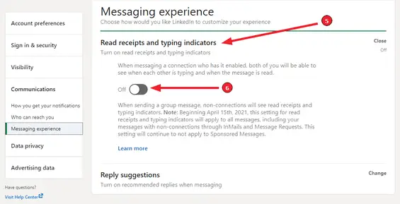 Disable LinkedIn Read Receipts (Step 4): Look for "Read Receipts and Typing Indicators" and switch it off