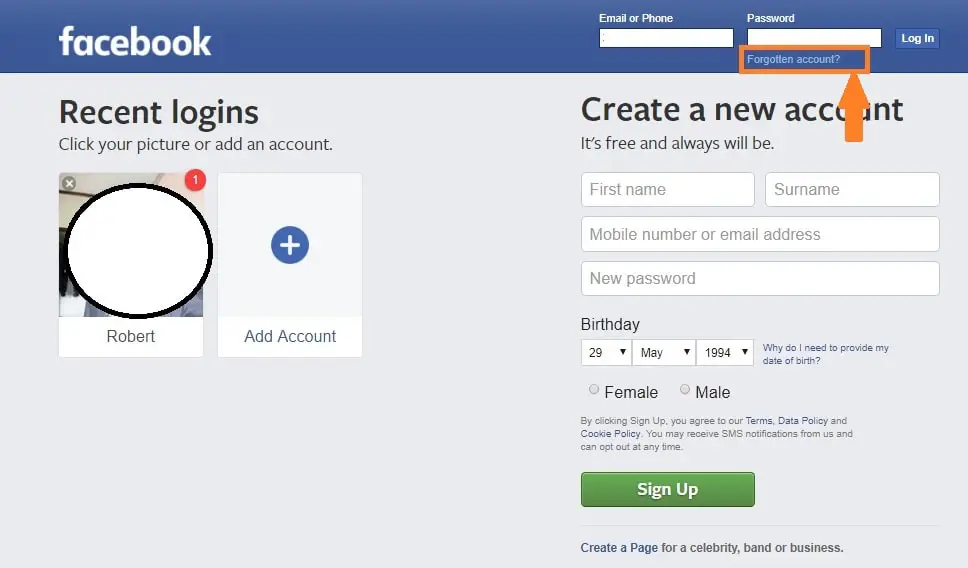 The Facebook "Forgotten Password" link is located on the Facebook login page