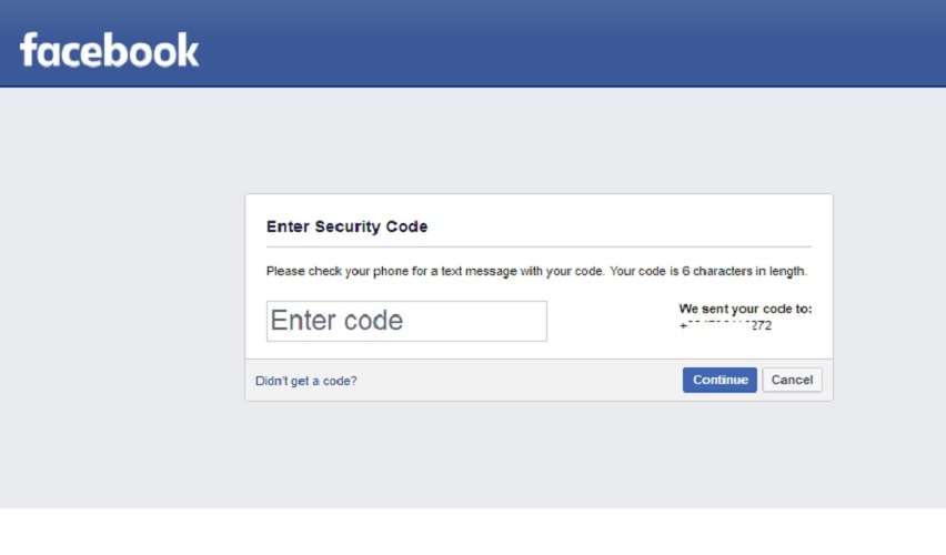 Facebook Recovery via text message: Enter confirmation code