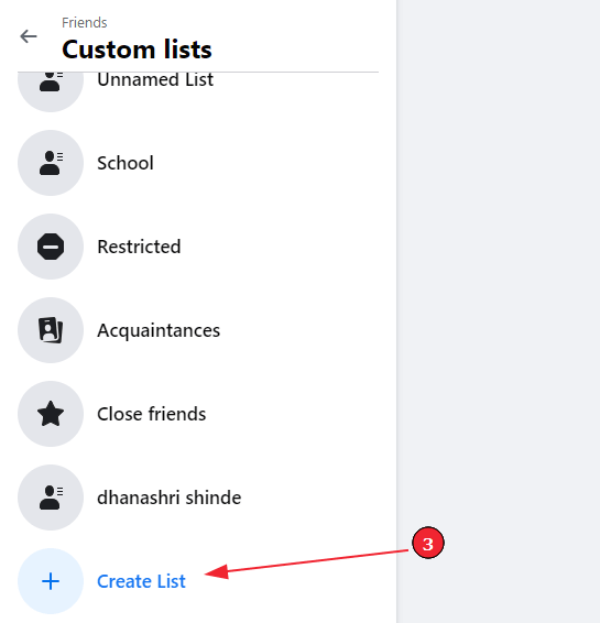 Create a custom friends list on Facebook (Step 4): Click on "Create List"