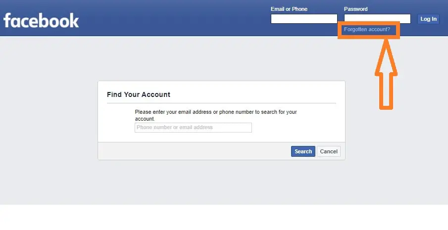 Step 1 of password-reset with trusted friends: Select "Forgotten account" on the Facebook homepage