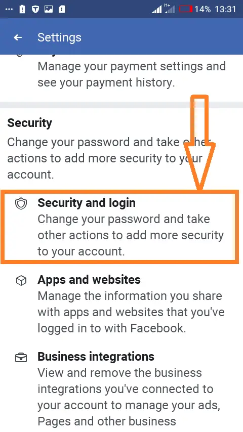 Changing your password using the Facebook app: Select "Security and Login"-menu item to continue