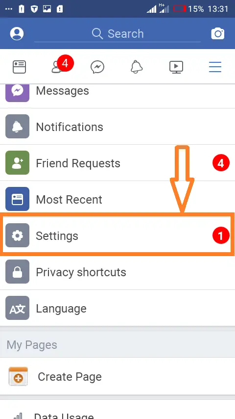 Changing your password using the Facebook app: Select "Settings"-menu item to continue