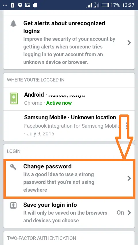 Changing password on Facebooks mobile website: Select "Change password" to continue.