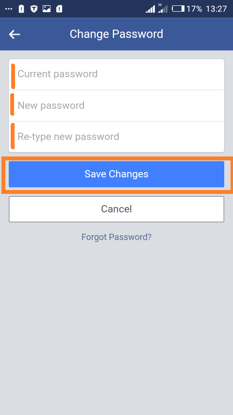 Changing password on Facebooks mobile website: Enter old and new password to continue.