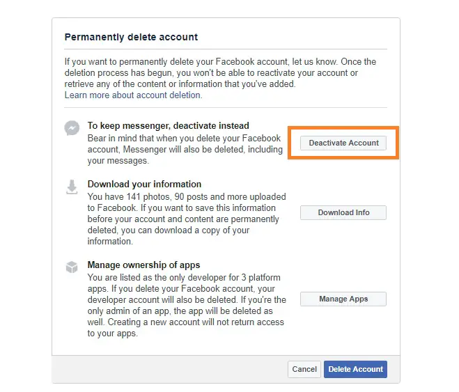 Deactivate your Facebook account (Step 3): In the popup-window click "Deactivate Account" to proceed.