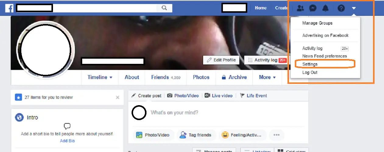 Delete your Facebook account (Step 1): Navigate to "Settings".
