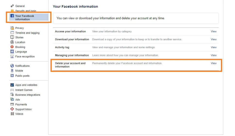 Delete your Facebook account (Step 2): Navigate to "Delete your account and information".