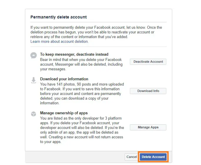 Delete your Facebook account (Step 3): In the popup-window click "Delete Account" to proceed.