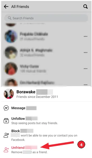 Freundschaft beenden in der Facebook-App (Schritt 4): Wählen Sie "Unfriend"