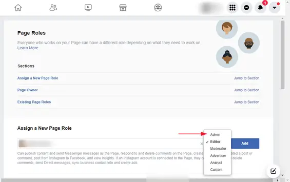 Hinzufügen eines Admins zu einer Facebook-Seite (Schritt 6.2): Ändern Sie die zugewiesene Standardrolle von "Editor" auf "Admin"