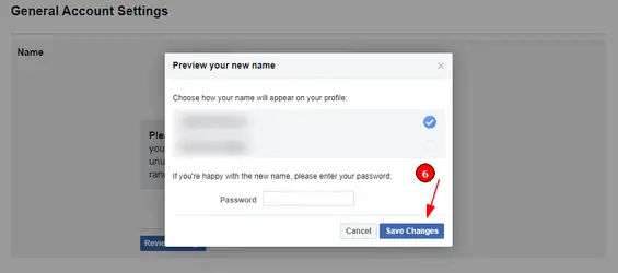 Ändern Sie Ihren Namen auf Facebook (Schritt 7): Bestätigen und speichern Sie die Änderungen