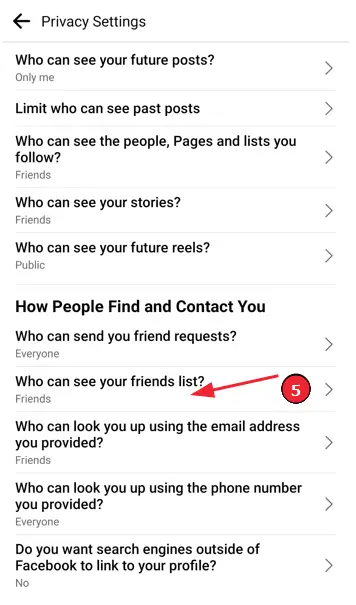 Freundesliste in der Facebook-App verstecken (Schritt 6.1): Suche nach "Wer kann deine Freundesliste sehen?".