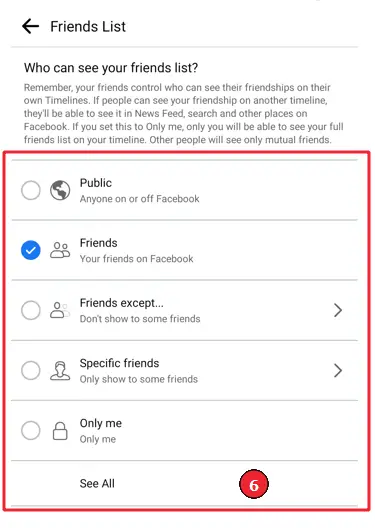 Freundesliste in der Facebook-App verstecken (Schritt 6.2): Wählen Sie eine geeignete Option