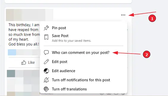 Kommentare für Ihren Facebook-Post deaktivieren (Schritt 2): Wählen Sie "Wer kann Ihren Beitrag kommentieren?".
