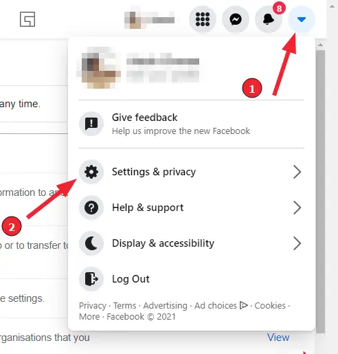 So löschen Sie Ihre Daten von Facebook (Schritt 1): Gehe zu "Einstellungen und Privatsphäre".
