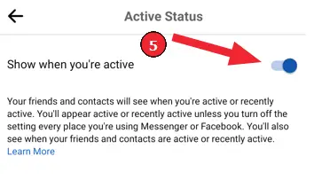 So deaktivieren Sie "Active Now" (Schritt 5): Schalten Sie "Anzeigen, wenn Sie aktiv sind" aus.