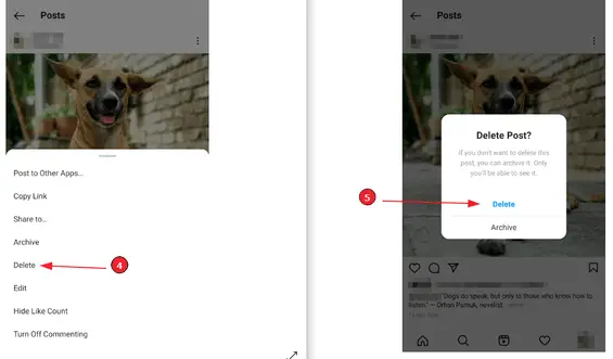 Ein Foto von Instagram löschen (Schritt 5): Wähle "Löschen" und bestätige den Löschvorgang