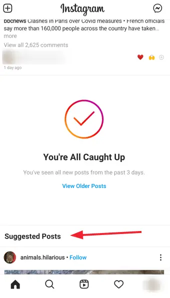 "Vorgeschlagene Beiträge" auf Instagram ausschalten (Schritt 1): Scrollen Sie zum Ende, bis Sie einen "vorgeschlagenen Beitrag" sehen.