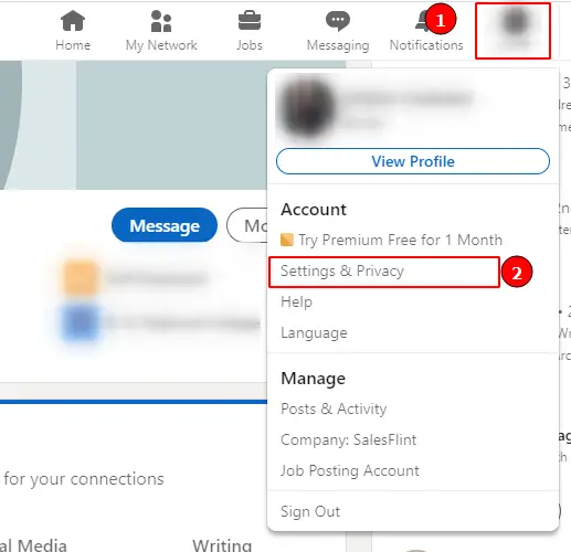 Unblock someone on LinkedIn (Step 3): Select "Settings and Privacy".