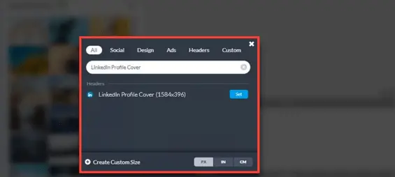 Design your LinkedIn Banner with Stencil (Step 1): Select "LinkedIn Profile Cover" to get started