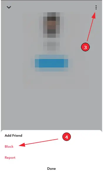 Wie man auf Snapchat blockiert (Schritt 4): Tippe auf die Ellipse und wähle "Blockieren"