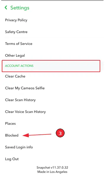 Jemanden auf Snapchat entsperren (Schritt 3): Scrolle zu "Konto-Aktionen" und wähle "Blockiert".
