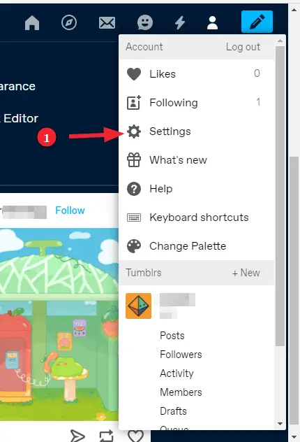 Tumblr deleting a secondary blog (Step 1): Select "Settings" from the dashboard