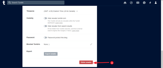 Tumblr deleting a secondary blog (Step 3): Select "Delete Blog"