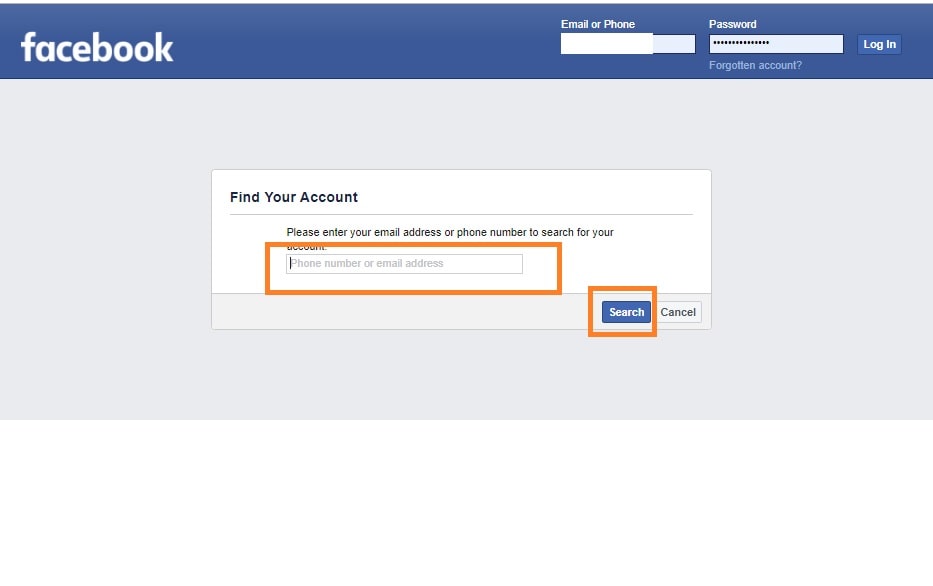 Step 2 of password-reset with trusted friends: Find your Facebook account by searching for your email or phone number.