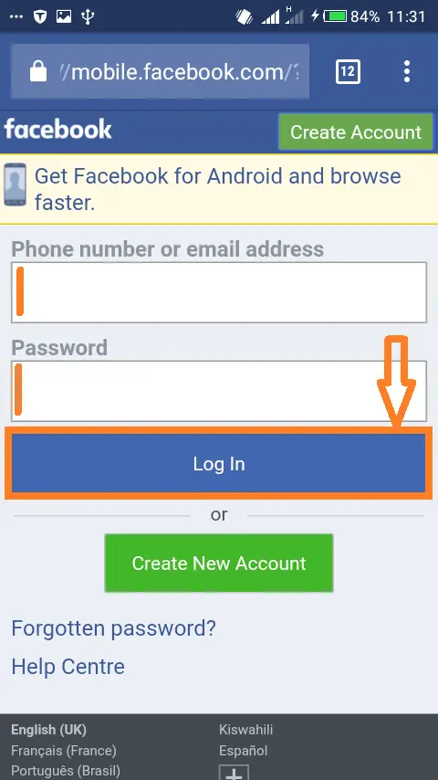 Changing password on Facebooks mobile website: Enter your email/phone number and password to sign into Facebook