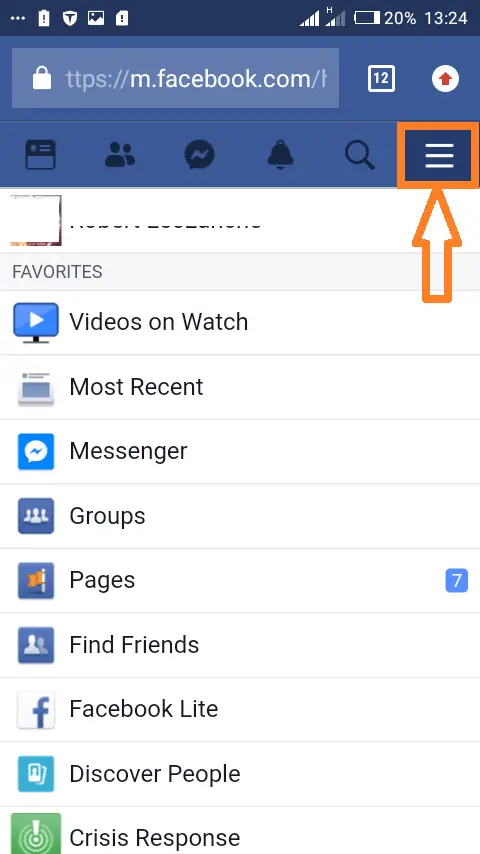 Changing password on Facebooks mobile website: Select the Hamburger icon to get to the settings.