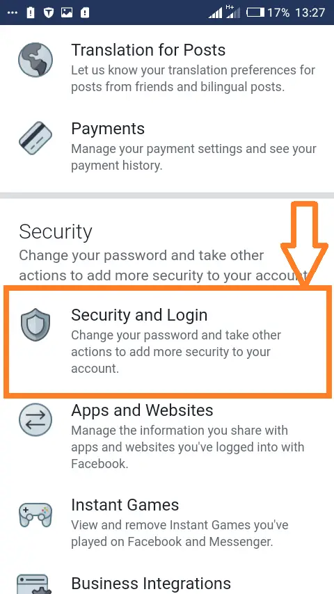 Changing password on Facebooks mobile website: Select the "Security and Login" option.