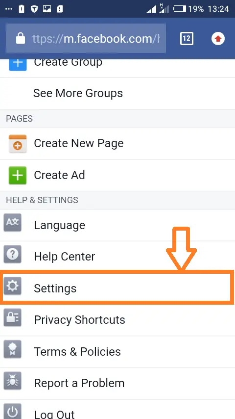 Changing password on Facebooks mobile website: Select the "Settings" menu point.