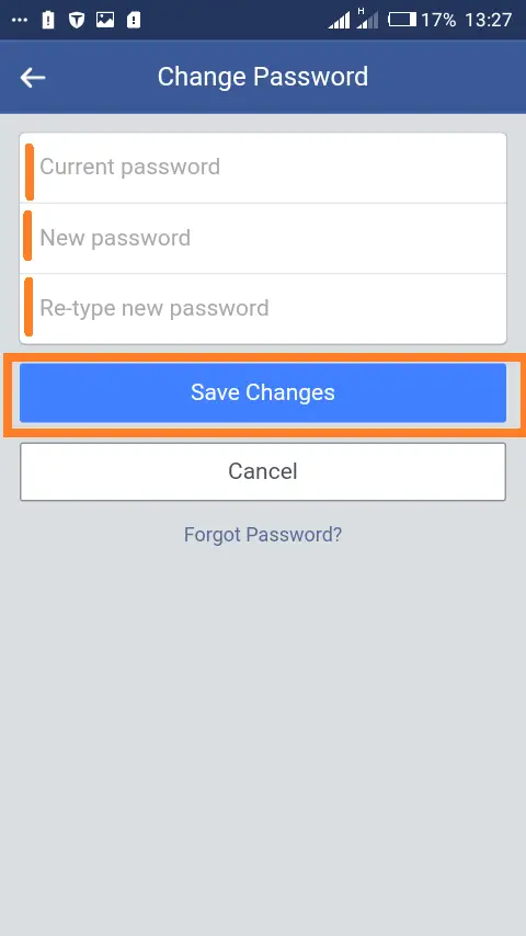 Ändern des Passworts auf Facebooks mobiler Website: Geben Sie das alte und das neue Passwort ein, um fortzufahren.