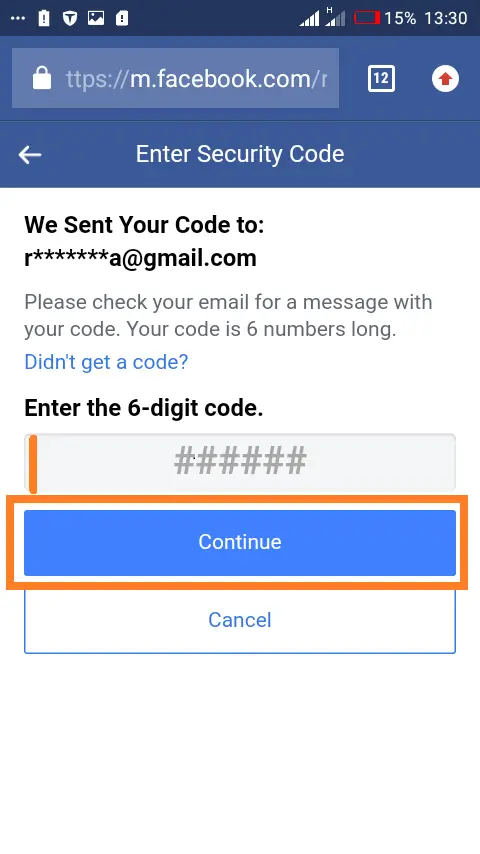 Reset password using Facebooks mobile app: Enter the auth-code to reset your password