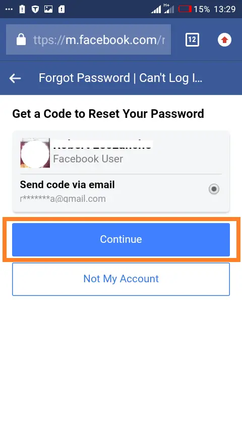 Reset password using Facebooks mobile app: Select a communication channel for the auth-code