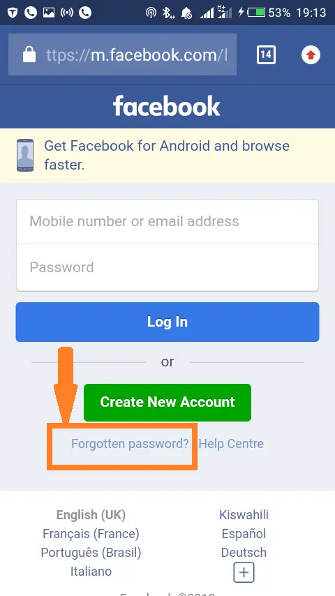 Facebook Passwort auf der mobilen Website zurücksetzen: Tab auf Passwort vergessen