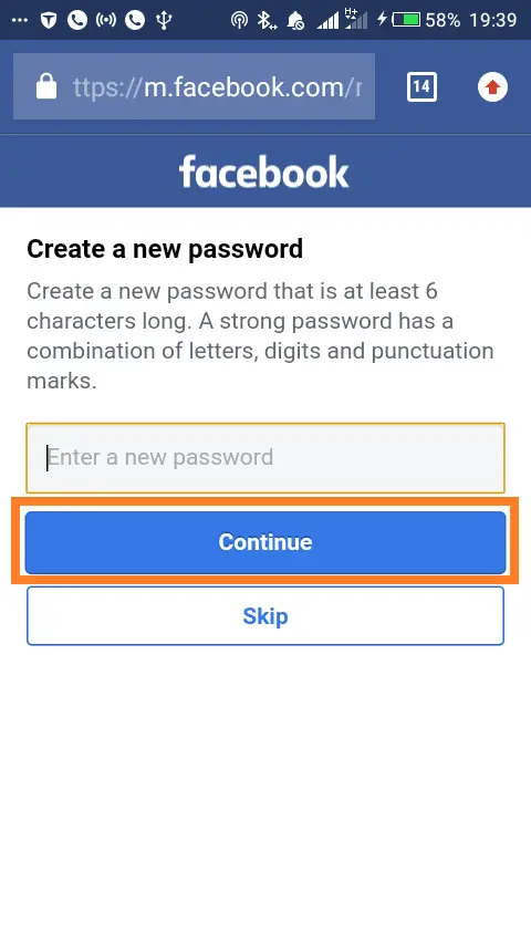 Reset Facebook password on mobile website: Set new password