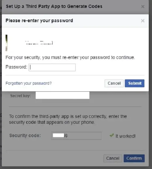 Facebook: Set up a third-party app to generate codes (confirm password)