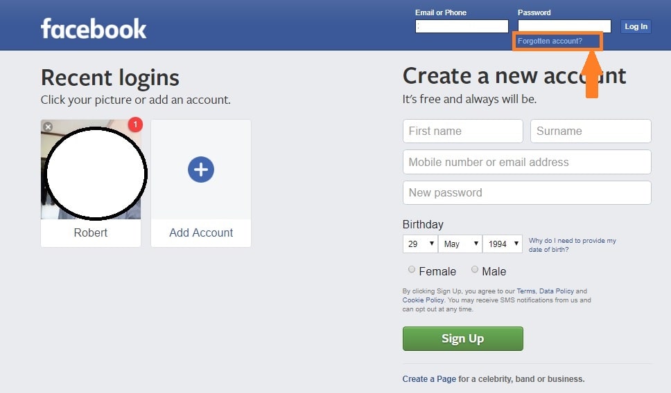 The Facebook &quot;Forgotten Password&quot; link is located on the Facebook login page