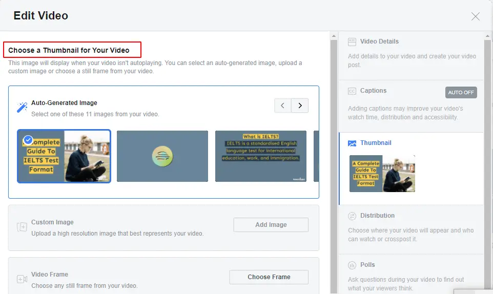 So fügen Sie eine Facebook Vorschaubild für Ihr Video hinzu (Schritt 4): Wählen Sie eine Vorschaubild für Ihr Video.