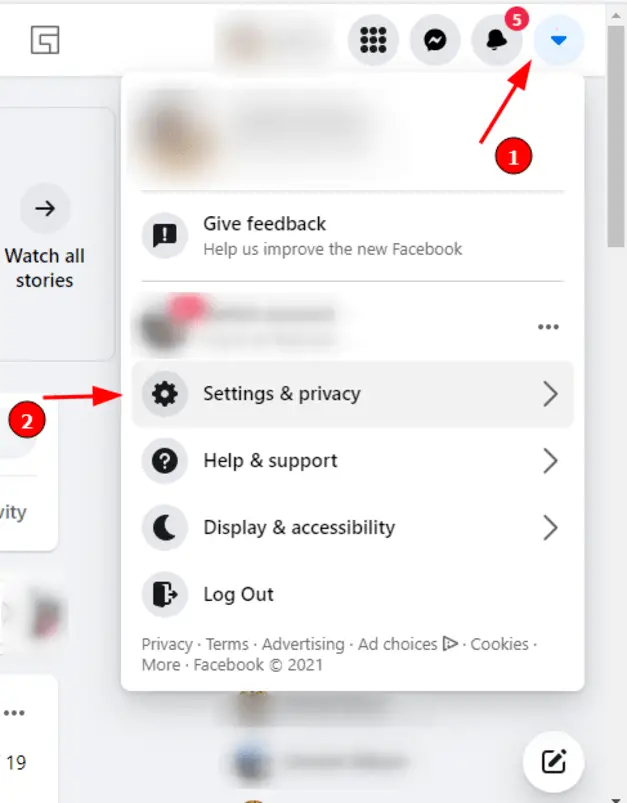 Wie man eine Seite auf Facebook blockiert (Schritt 1): Wählen Sie "Einstellungen und Privatsphäre".