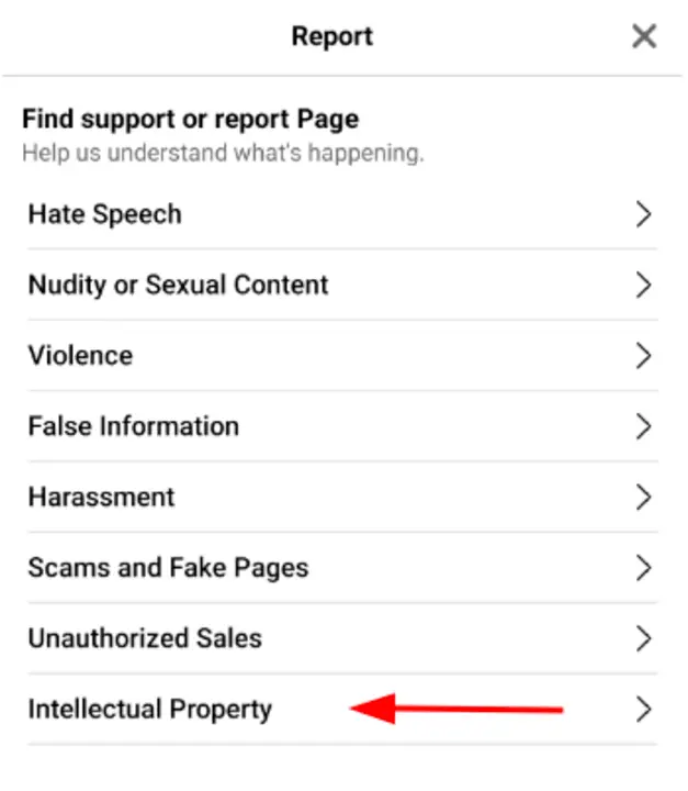 Wie man eine Seite auf Facebook auf dem Handy blockiert (Schritt 6): Wählen Sie "Geistiges Eigentum".