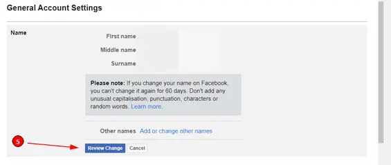 Ändern Sie Ihren Namen auf Facebook (Schritt 6): Überprüfen Sie Ihre beabsichtigte Änderung
