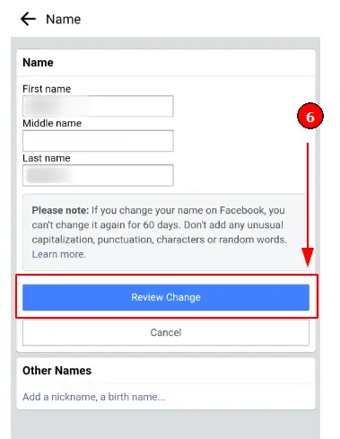 Change your Name on Facebook on your mobile phone (Step 6): Click on "Review Change" to proceed