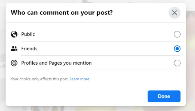 How to turn comments off on Facebook (Step 4): Select your desired option