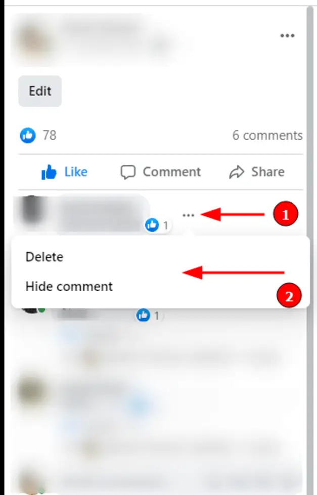 So schalten Sie Kommentare auf Facebook aus (Schritt 3): Wählen Sie entweder "Löschen" und "Kommentare ausblenden"