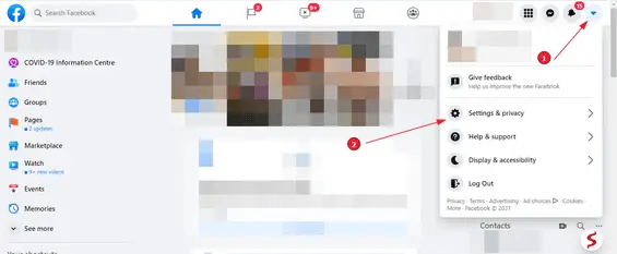 Freundesliste auf Facebook vom Laptop/Computer verbergen (Schritt 2): Klicken Sie auf das nach unten zeigende Dreieck