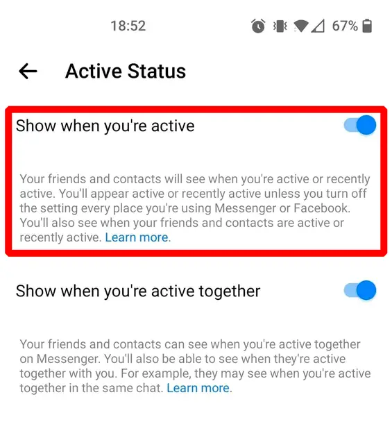 So schalten Sie den Online-Status in der Facebook-Messenger-App ab (Schritt 3): Schalten Sie die Option &quot;Anzeigen, wenn du aktiv bist&quot; um